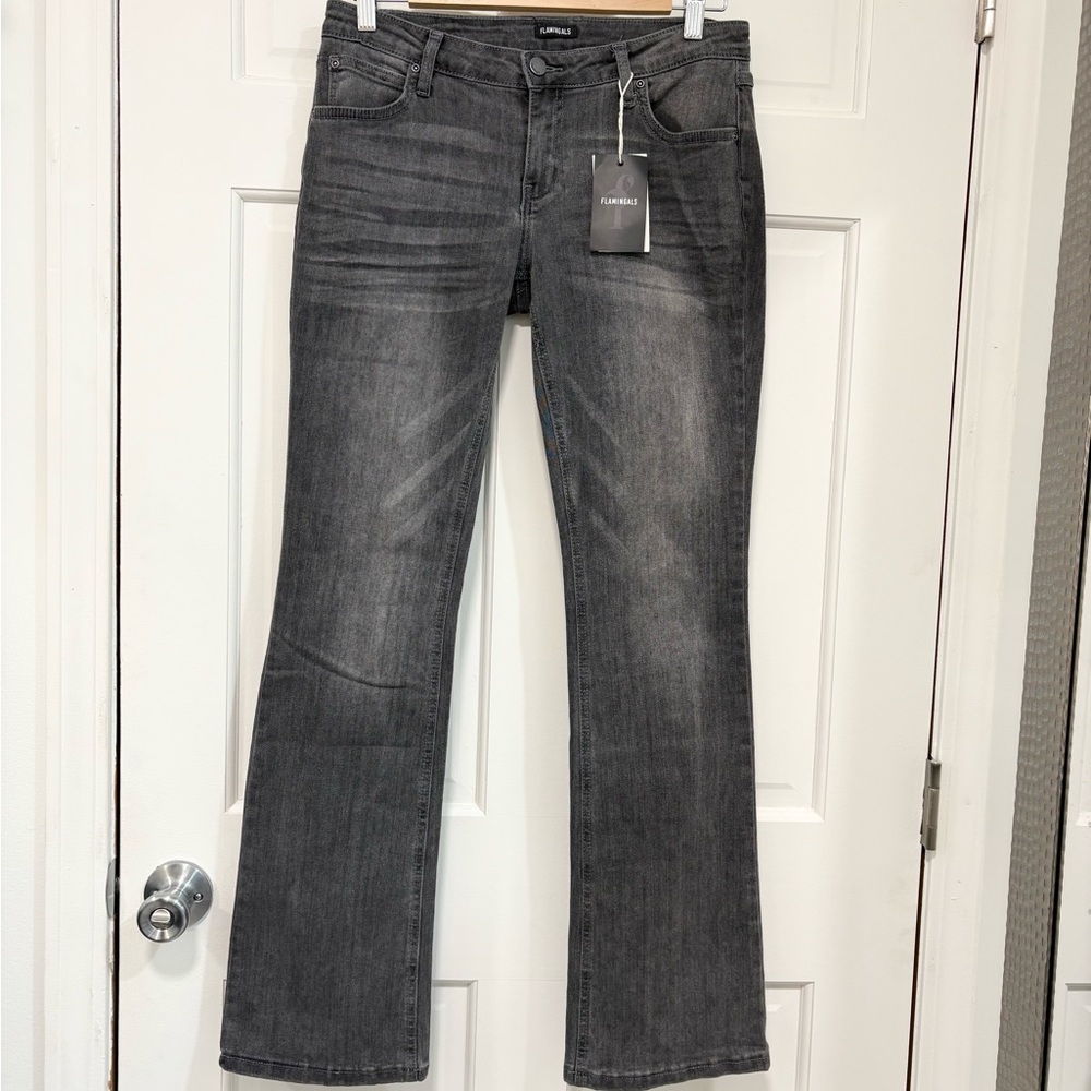 Flamingals Brand Low Rise Gray Boot Cut Distressed Skinny Jeans BX 1